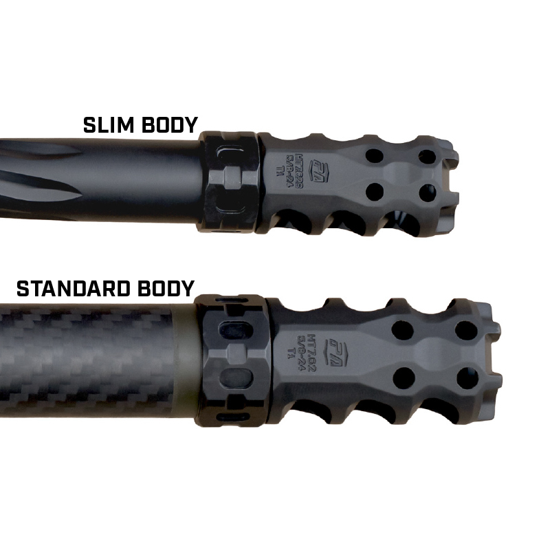 Hypertap Ti slim and standard muzzle brakes on rifle barrels