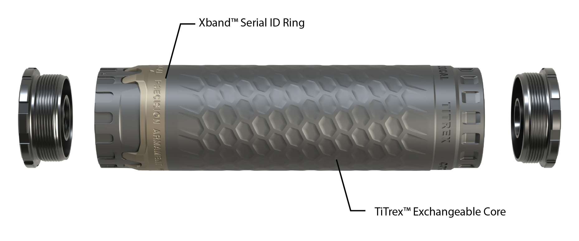 The TiTrex X-CORE assembly The Titrex suppressor with Open Source mount, Universal Front Cap, Xband and X-CORE exchangeable core