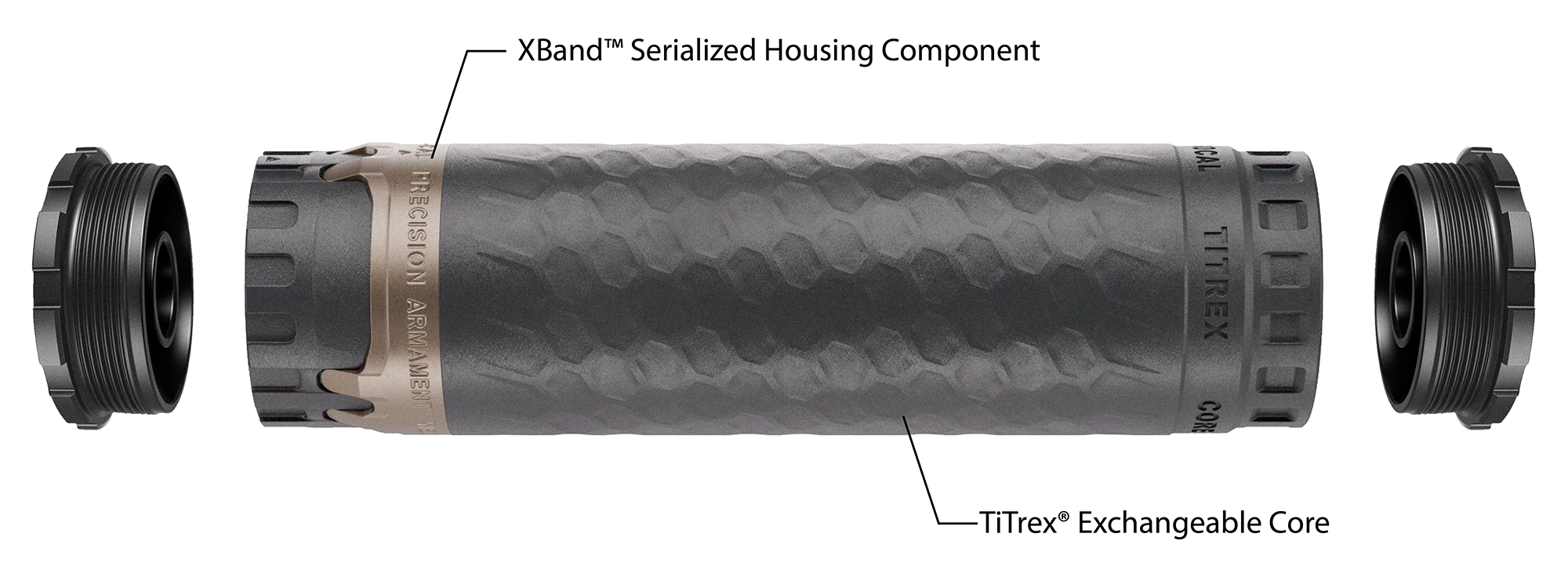 The Titrex suppressor with Open Source mount, Universal Front Cap, Xband and X-CORE exchangeable core